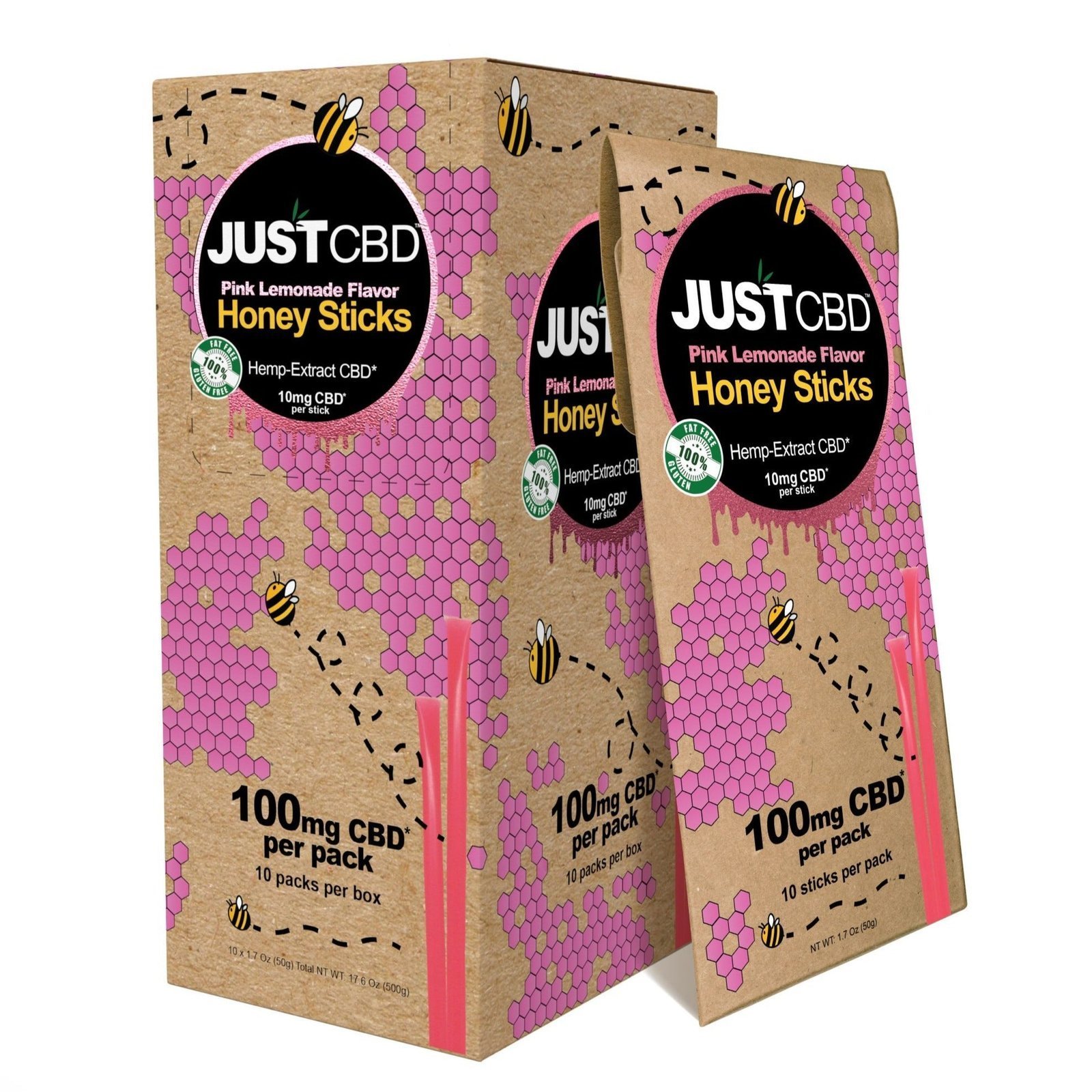 Just CBD Honey Sticks 100mg CBD per pack (10 packs per box/ 10 boxes per display)